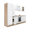 Kuchynský nábytok Yorki 300 so skrinkou z duba sonoma, bielym čelom s hodvábnym leskom, spodným prvkom rúry a policovou skrinkou