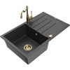 Mexen Bruno granitový drez 1-komorový s odkvapkávačom a kuchynskou batériou Carla, čierny škvrnitý - 6513-76-670700-50