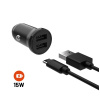 Nabíjačka do auta FIXED s výstupom 2xUSB a káblom USB/USB-C, 1 meter, 15W Smart Rapid Charge, čierna