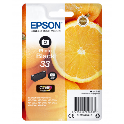 Epson Oranžová Singlepack Photo Čierna 33 Claria Premium Ink - originálny - atrament na báze farbiva - čierna fotografická farba - Epson - - Expression Premium XP-900 - Expression Premium XP-830 - Exp