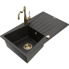 Mexen Cesar granitový drez s 1 komorou, odkvapkávacou plochou a kuchynskou batériou Carla, čierny/zlatý metalický