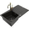 Mexen Cesar granitový jednokomorový kuchynský drez s odkvapkávacou plochou a kuchynskou batériou Carla, čierny/zlatý