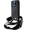 BMW Kryt Leather M Edition s karbónovým pruhom a remienkom pre iPhone 15 Pro Max – čierny KF2345316
