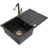 Mexen Bruno, 1-komorový granitový drez 795x495x200 mm a drezová batéria Flora, čierna-zlatá metalíza, 6513-75-670401-57-G