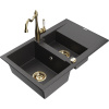 Mexen Gaspar žulový drez 1,5-komorový s odkvapkávačom a kuchynskou batériou Carla, čierny škvrnitý - 6507-76-670700-50