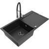 Mexen Leo granitový kuchynský drez s jednou komorou a odkvapkávačom a kuchynskou batériou Aster, čierny/strieborný