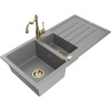 Mexen Andres granitový drez s 1,5 vaničkami s odkvapom a kuchynskou batériou Carla, sivý - 6515-71-670700-50