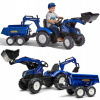 FALK Šlapací traktor New Holland T8 s nakladačom rypadlom a maxi vlečkou modrý