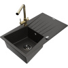 Mexen Cesar granitový drez, 1-komorový, s odkvapkávačom a kuchynskou batériou Duero, čierny/zlatý metalický