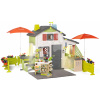 Domček s Bio kaviarňou Friends House DeLuxe Life Smoby rozšíriteľný a kuchynka s jedálenským kútikom pod slnečníkmi