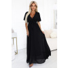 545-5 Long dress with pleated neckline and tie - black čierna One size numoco basic 5903938291562