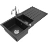 Mexen Andres granitový drez s 1,5 komorou s odkvapkávačom a kuchynskou batériou Carla, čierny/strieborný