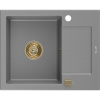 Mexen Enzo kuchynský drez z granitu, 1-komorový s odkvapkávačom 576 x 465 mm, šedý, sifón zlatý - 6506571005-71-G
