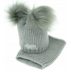 BABY NELLYS Zimná čiapočka s komínom - chlupáčkové bambuľky - sivá