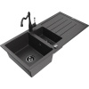 Mexen Andres granitový drez s 1,5 komorou s odkvapkávačom a kuchynskou batériou Carla, čierny bodkovaný