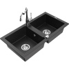 Mexen Mario, granitový drez 820x436x161 mm, 2-komorový a drezová batéria Carla, čierna-strieborná metalíza, 6504-73-670700-00