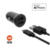 Nabíjačka do auta FIXED s výstupom 2xUSB a káblom USB/Lightning, 1 meter, certifikácia MFi, 15W Smart Rapid Charge, čierna