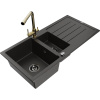 Mexen Andres granitový drez 1,5-komorový s odkvapávačom a kuchynskou batériou Duero, čierny/zlatý - 6515-75-671600-50-B