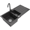 Mexen Andres granitový drez, 1,5-komorový s odkvapkávacou plochou a kuchynskou batériou Telma, čierny škvrnitý