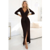 404-14 Elegant long dress with a wrap neckline and slit - chocolate brown biela | hnedá L NUMOCO 5903938296260