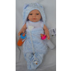Realistické miminko - chlapeček Sebík v modrém overalu bez rukávů od španělské firmy Marina & Pau (R.N. Bath Time Blue - 45 cm - baleno v sáčku)