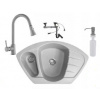 Kuchynský rohový drez COMPACT granitový+batéria+dávkovač+sifón SIVÝ VYPR
