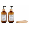 Set dvoch sklenených fľaštičiek - dávkovačov na mydlo a na riad na bambusovej tácke 500 ml 44082