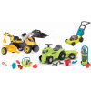 Set traktor na šliapanie s odrážadlom a prívesom Builder Max Tractor Smoby s nakladačom bagrom a vozík s náradím a kosačkou s krhličkou