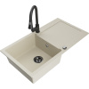 Mexen Leo granitový drez 1-komorový s odkvapkávačom a kuchynskou batériou Elia, béžový - 6501-69-670101-70