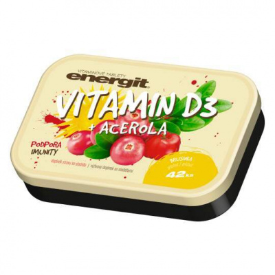 ENERGIT Vitamín D3 + acerola s príchuťou brusnica 42 kusov - Energit Vitamin D3+acerola tabliet.42