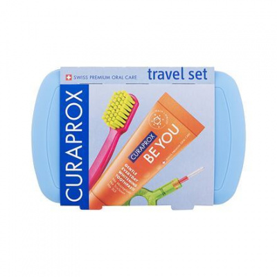 Curaprox Travel Set Blue : skládací zubní kartáček CS 5460 Ultra Soft 1 ks + zubní pasta Be You Pure Happiness Peach & Apricot 10 ml + mezizubní kartáček 2 ks + držák na mezizubní kartáček 1 ks