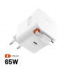 Nabíjačka FIXED sieťová GaN nabíjačka s 2xUSB-C, podpora PD 3.0, so samonavíjacím káblom, 65 W, biela