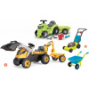 Set traktor na šliapanie a kosačka so zvukom Builder Max Tractor Smoby s nakladačom bagrom a odrážadlo traktor s prívesom a fúrik