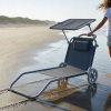 Plážové ležadlo 2v1 s kolieskami a strieškou – skladacie lehátko s vozíkom a vankúšom Tmavosivá
