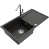 Mexen Leo, 1-komorový granitový drez 900x500x190 mm a drezová batéria Flora, čierna-zlatá metalíza, 6501-75-670401-00