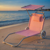 Plážové ležadlo 2v1 s kolieskami a strieškou – skladacie lehátko s vozíkom a vankúšom ružová