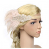 B-TOP Elegantná vintage čelenka do vlasov s kamienkami a svetlo ružovým perím v smotanovej farbe