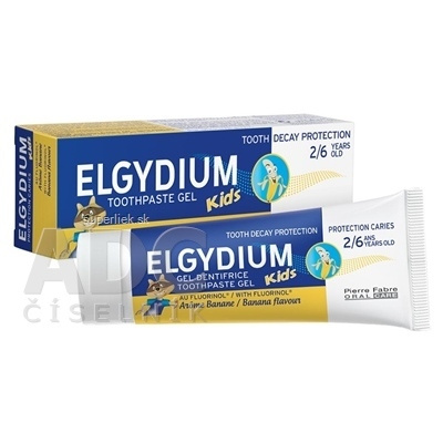 ELGYDIUM KIDS gélová zubná pasta s fluorinolom pre deti (2-6 rokov) s príchuťou banánu 1x50 ml, 3577056009976