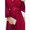 KLARA - Dámske plisované šaty vo vínovej bordovej farbe s výstrihom a opaskom 414-9 UNI