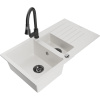 Mexen Matias granitový drez 1,5-komorový s odkvapkávačom a kuchynskou batériou Elia, biely - 6502-20-670101-70
