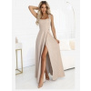 Numoco 633-1 AURELIA dlhé šaty s rozparkom a diamantovým výstrihom - béžové s trblietkami