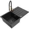 Mexen Bruno granitový drez s 1 komorou s odkvapkávačom a kuchynskou batériou Aster, čierno/strieborný metalický