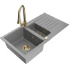 Mexen Matias žulový drez 1,5-komorový s odkvapkávačom a kuchynskou batériou Elia, sivý - 6502-71-670101-50