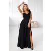 643-2 Elegant maxi evening dress with a slit and roses - classic black čierna M NUMOCO 5903938298288