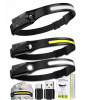 3x VÝKONNÁ ČELOVKA 4v1 LED PÁSIK COB 2 SENZOR HEAD LIGHT LAMP USB BATÉRIA 1200mAh 230 stupňov