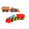 Teddies Traktor / nakladač / bager s vlekom s lyžicou plast na voľný chod 2 farby v sieťke 16x61x16cm