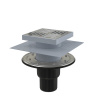 ALCA Podlahový odtok 150 × 150/50/75 mm rovný, mriežka z nehrdzavejúcej ocele, príruba a golier z nehrdzavejúcej ocele, izolácia úrovne 2, uzáver proti vode a suchému zápachu APV4444
