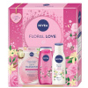 Nivea Floral Love Skin Radiance textilná maska na tvár + Nivea Floral Love sprchový gél 250 ml + Nivea Floral Love telové mlieko 250 ml, kozmetická sada pre ženy