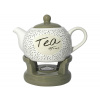 ČAJNÍK biely PORCELÁNOVÝ 1L s béžovým STOJANOM a OHREVOM na čajovú sviečku DEKOR BODKY Veľkosť: TEA