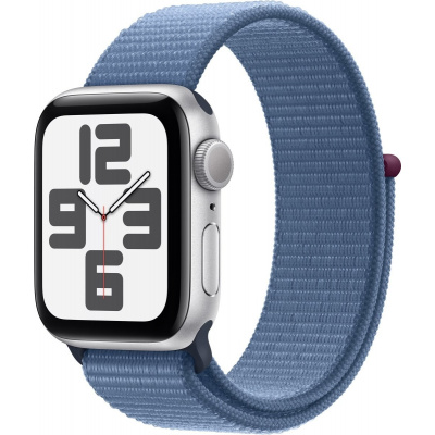 Apple Watch SE (2023), 40 mm, Strieborný hliník, ľadovo modrý prevliekací športový remienok MRE33QC/A